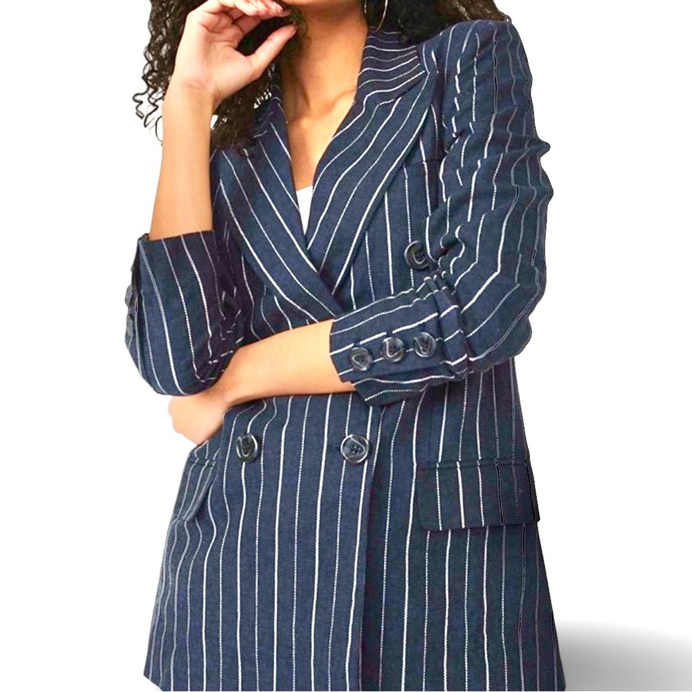 NEW! Free People Ashby Blazer Linen Navy Double-Breasted Pinstripe Size Large.